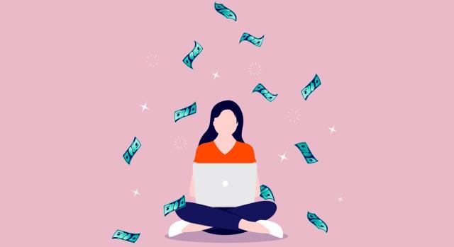 Documento de valor esencial y la responsabilidad solidaria en base al art. 42.2.a) LGT exigida a un menor de edad Documento de valor esencial y la responsabilidad solidaria en base al art. 42.2.a) LGT exigida a un menor de edad. Mujer sentada postura loto con portátil en las piernas y lloviendo dinero