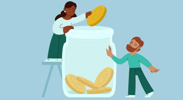 La titularidad de los fondos de una cuenta depende de la relación interna entre los titulares, pero haber tributado por el 50% durante una década es una prueba de que hubo donación bancaria y propiedad compartida. Imagen del dibujo de dos personas metiendo monedas en un bote