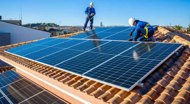 IRPF deducciones para la mejora de la eficiencia energética de la vivienda. Trabajadores masculinos y femeninos instalando paneles solares en un tejado