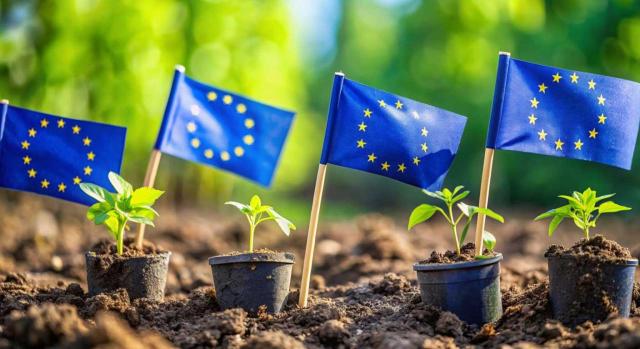 La Unión Europea actualiza el régimen de suspensión de derechos arancelarios para determinados productos agrícolas e industriales. Imagen de unas macetitas con su plantita y unas banderas de la UE