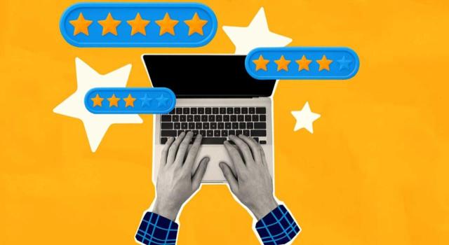 Los productos recibidos de Amazon para probarlos a cambio de publicar reseñas en su plataforma online constituyen ganancias patrimoniales en IRPF. Imagen del dibujo de unas manos sobre un portátil haciendo como que escribe una reseña con estrellas