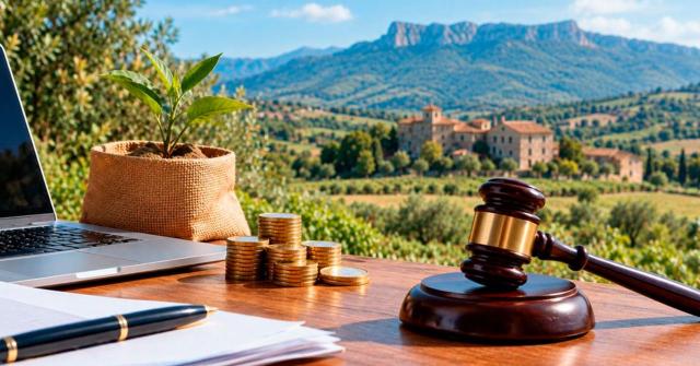 El pleno del TC por unanimidad finalmente declara inconstitucional la deducción de La Rioja en el IRPF por inicio de actividad económica. Imagen de un escritorio con mazo de juez con vistas a la montaña