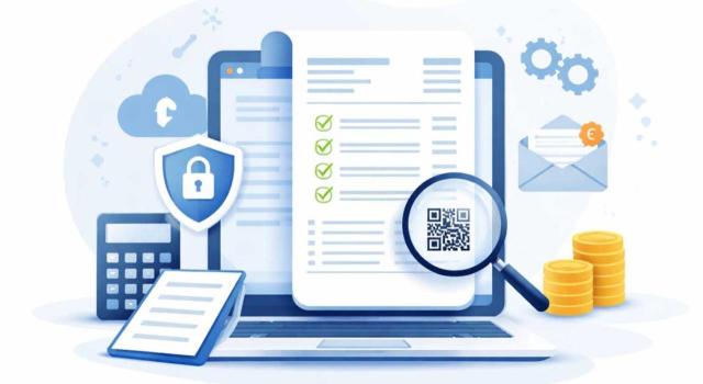 Regulación del sistema de facturación electrónica obligatoria entre empresarios y profesionales. Imagen de un portatil en el que hay un qr y una lupa mirandolo