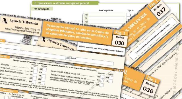 Proyecto de orden que modifica las ordenes reguladoras de los modelos 030, 036, 037 y 390. Imagen de varias cabeceras de los modelos