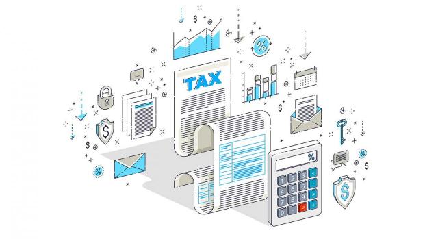 Régimen especial simplificado del IVA para 2024 de Álava. Ilustración de varios elementos relacionados con los impuestos, calculadora, formulario etc