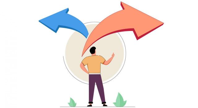 La alteración de la contabilidad del ingreso debe dar lugar a la regularización del gasto para mantener la debida correlación ingreso-gasto. Gráfico que ilustra toma de decisiones en forma de flechas en direcciones opuestas y persona en medio