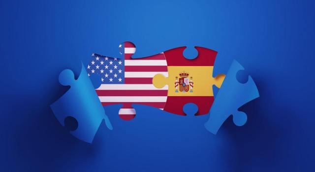 Extensión recíproca entre EEUU y España de privilegios fiscales al personal administrativo y técnico diplomático. Rompecabezas Piezas texturizadas con banderas americanas y españolas