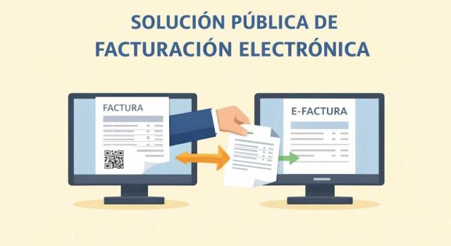 Proyecto de Orden elementos técnicos para el correcto funcionamiento de la solución pública de facturación electrónica Proyecto de Orden por el que se especifican los elementos técnicos para el correcto funcionamiento de la solución pública de facturación electrónica. Imagen de dos ordenadores en los que en ambos hay facturación electrónica