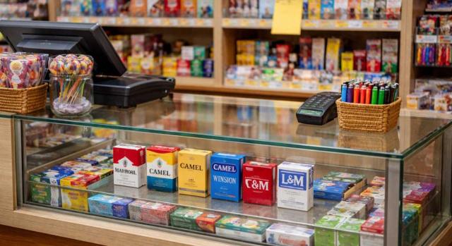 La mera localización de tabaco sin precinta fiscal en el mostrador de un pequeño establecimiento no es prueba suficiente de tenencia con fines comerciales. Imagen del expositor de una tienda de tabaco