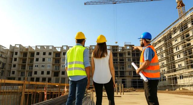 La DGT especifica si se ha de presentar el modelo 720 respecto de un inmueble en el extranjero que está en fase de construcción. Imagen de tres personas mirando una obra de construcción de unos pisos