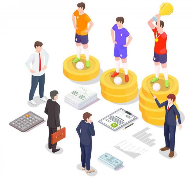TS, sujeción, IVA, actividades de patrocinio, fundación, contrato publicitario, deporte TS, sujeción, IVA, actividades de patrocinio, fundación, contrato publicitario, deporte. Dibujo de tres jugadores de futbol sobre distintos montones de dinero y ejecutivos negociando sus fichas
